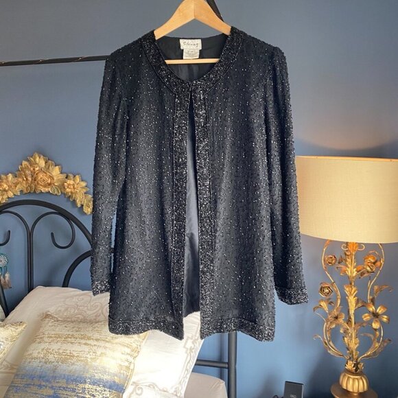 Vintage 80s Stenay 100% Silk Black Beaded Evening Opera Jacket - Picture 3 of 13